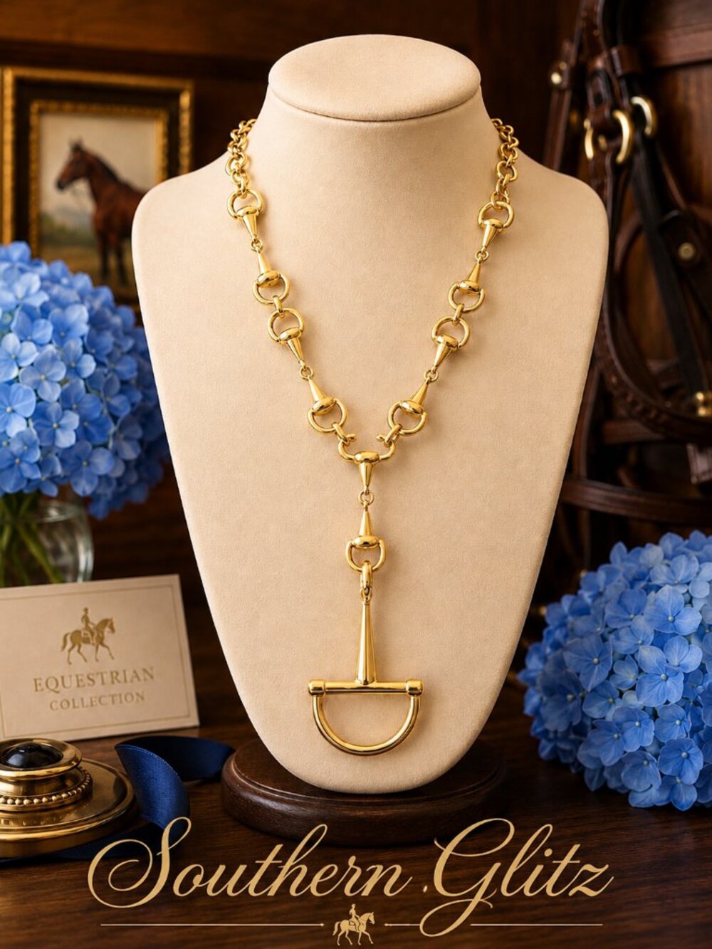 Gold Stirrup Pendant Necklace with Horse Bit Links, Equestrian Statement Jewelry